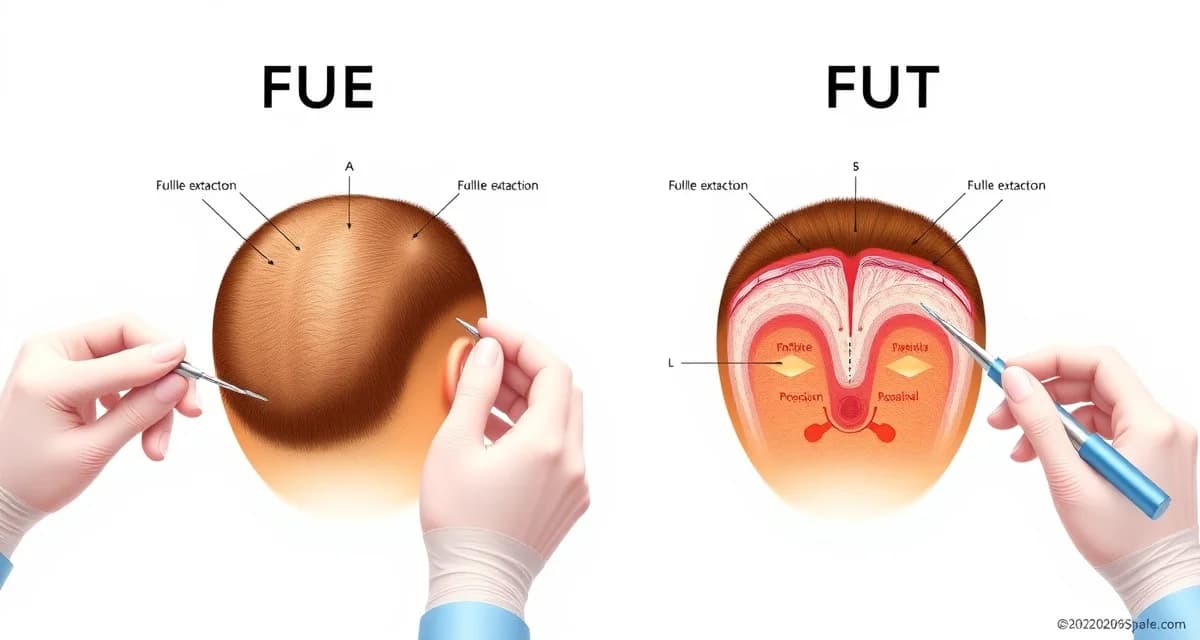 FUE vs FUT transplant technique comparison Side-by-side comparison diagram of FUE and FUT hair transplant methods showing follicle extraction techniques and surgical approaches.