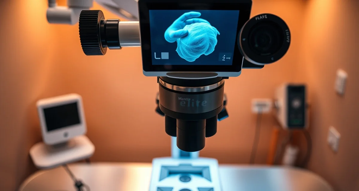 Advanced graft dissection technology for hair transplant clinics Mantis Elite eyepiece-free stereomicroscope used for hair graft dissection in FUE and FUT transplant procedures