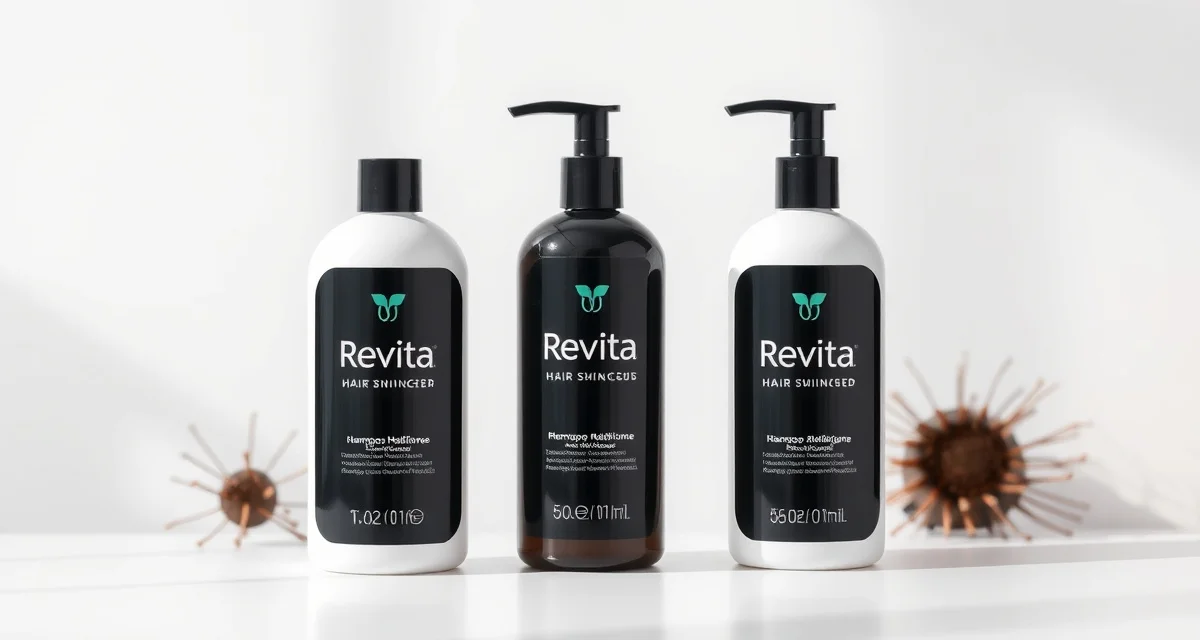Revita hair care product line by DS Healthcare Revita hair stimulating shampoo and conditioner bottles containing caffeine, ketoconazole, and biotin for hair density support