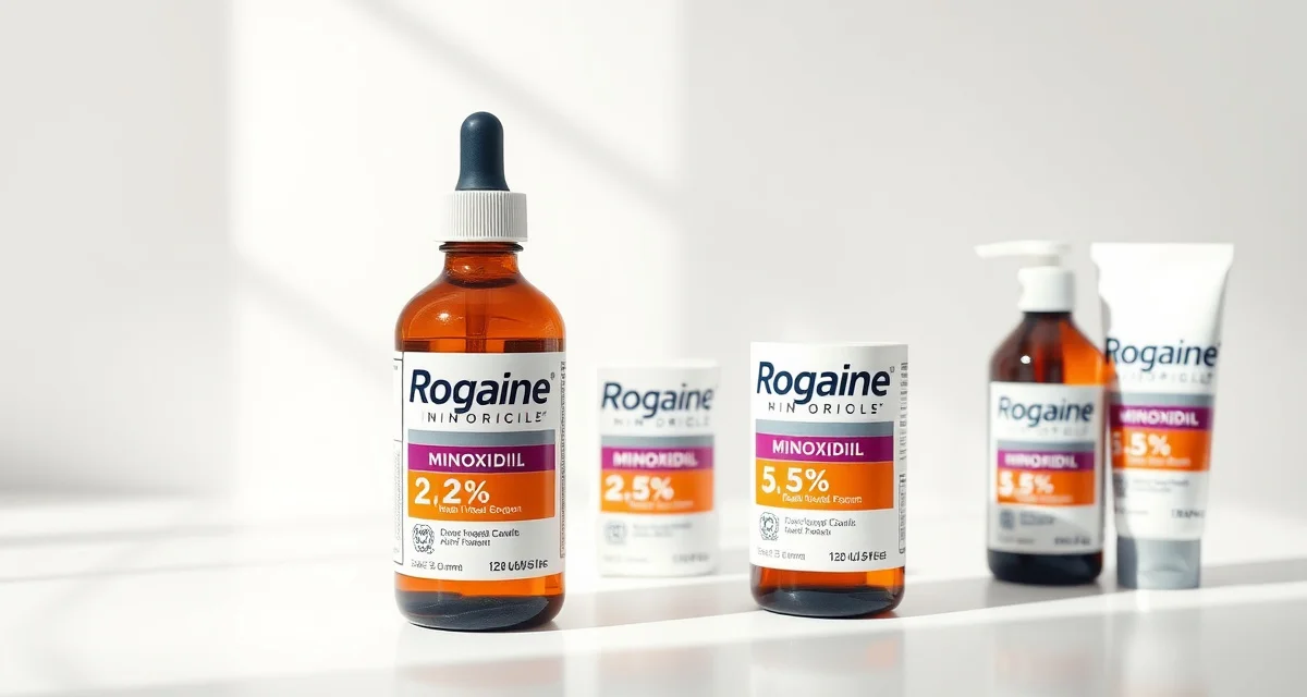 FDA-approved Rogaine hair loss treatment products Rogaine minoxidil hair loss treatment bottles showing 2% and 5% formulations in liquid and foam options by Johnson and Johnson