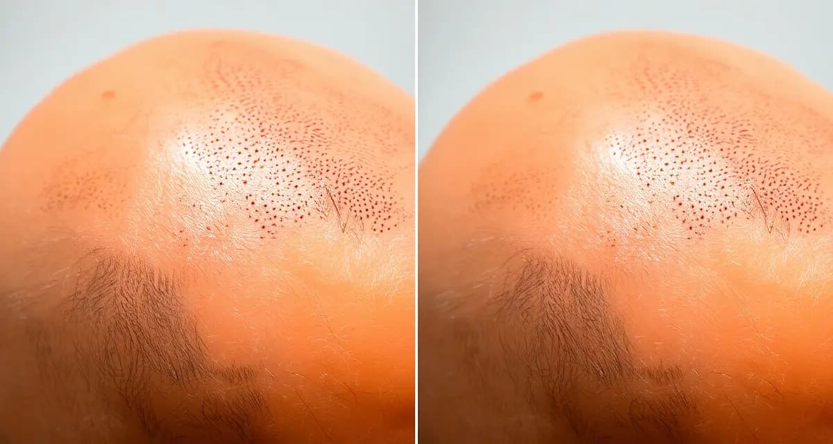 SMP cosmetic tattoo results for hair loss Scalp micropigmentation procedure showing tiny pigment dots applied to create the appearance of hair follicles and increased density on the scalp