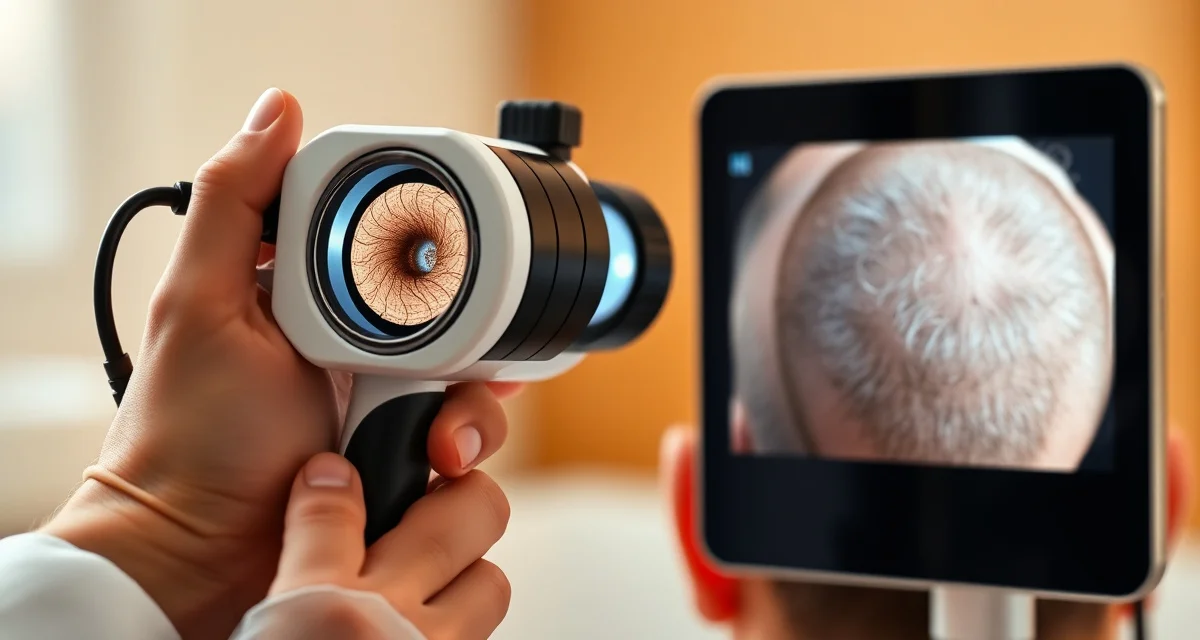 AI-powered trichoscope equipment for hair density evaluation Handheld trichoscope digital dermoscopy camera with polarized light magnification for scalp and hair analysis at 20x-70x zoom.