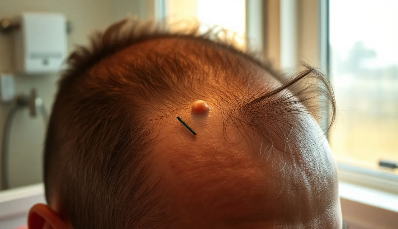 Man examining his scalp in bathroom mirror ten days after hair transplant