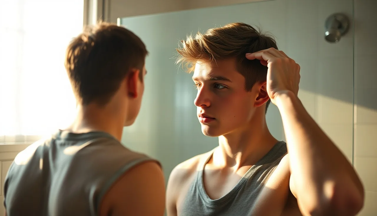 Teenage boy examining his receding hairline in a bathroom mirror