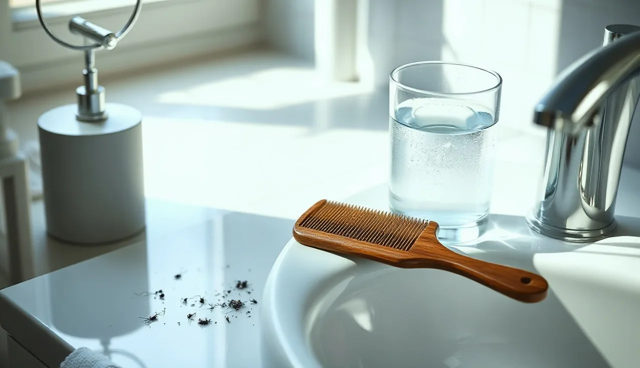 Hair strands on a white bathroom counter beside a comb showing hair shedding