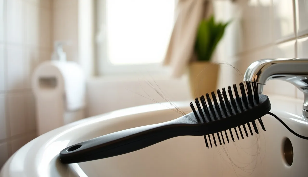 Hairbrush with shed hair strands on a bathroom counter, illustrating acute telogen effluvium