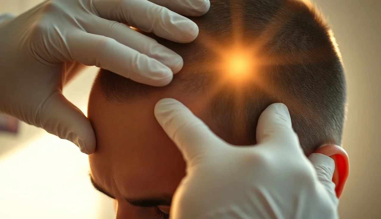 Dermatologist examining a man's hairline and scalp for hair loss