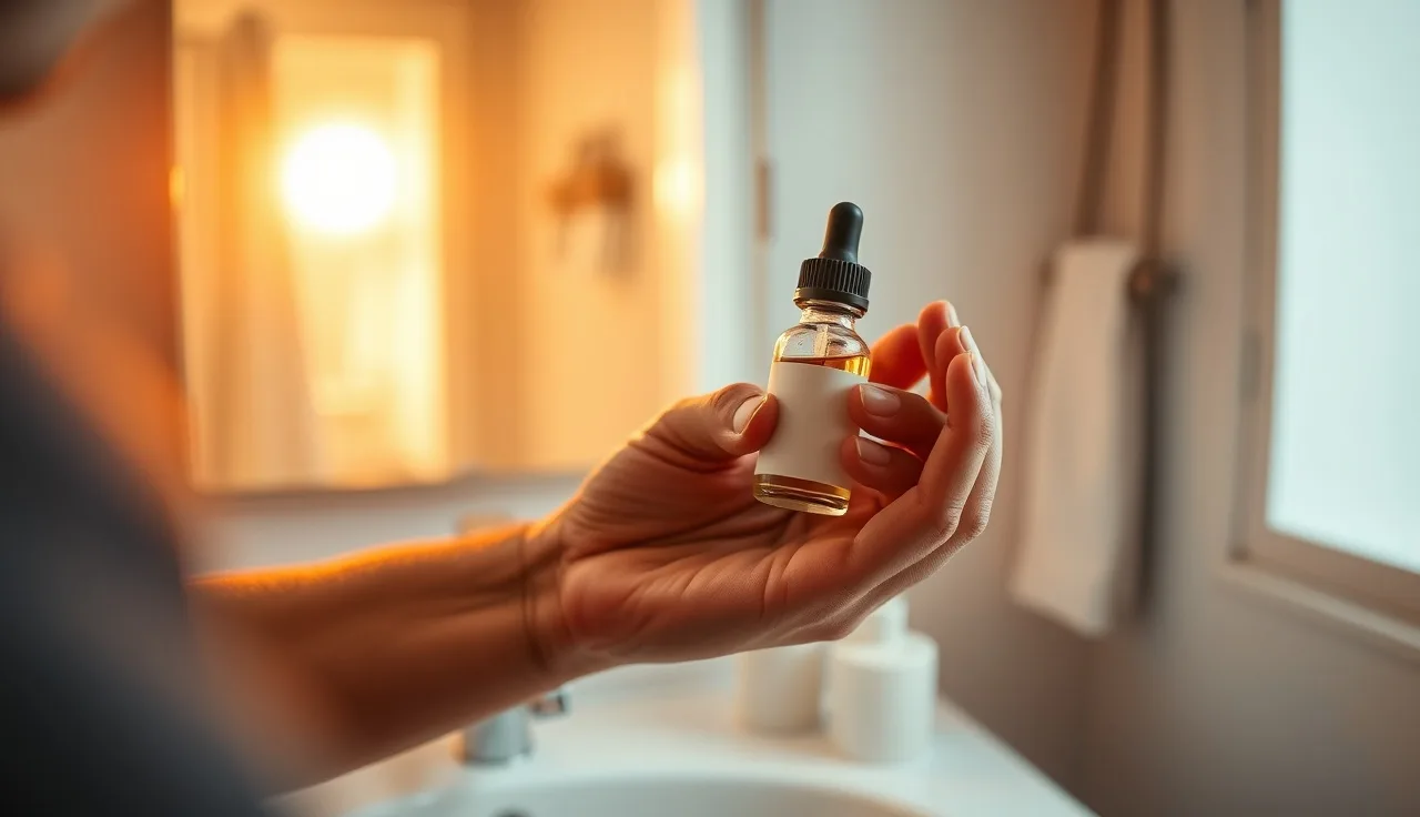 Man holding unlabeled dropper bottle near sink, examining minoxidil before application