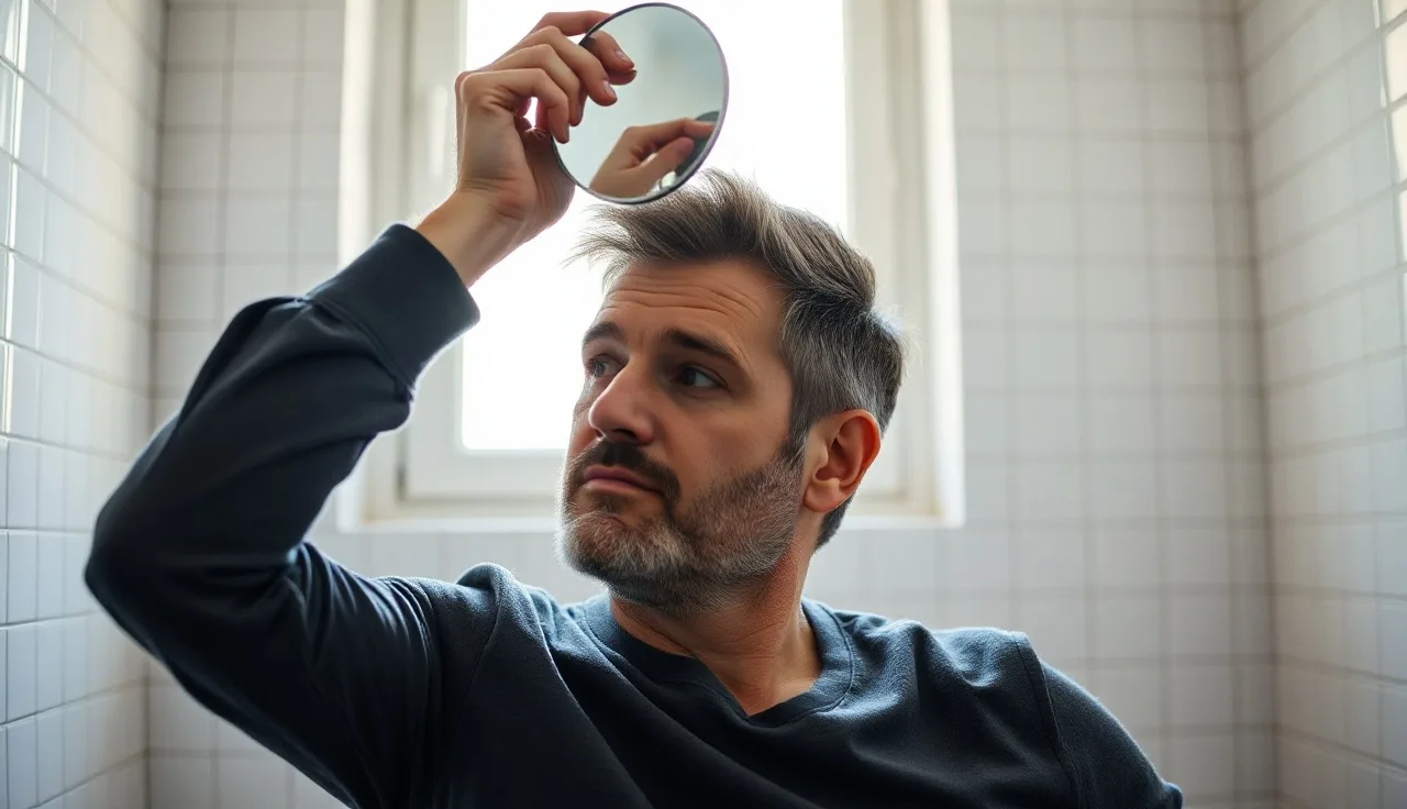 Man examining crown hair loss using a mirror in a bright bathroom