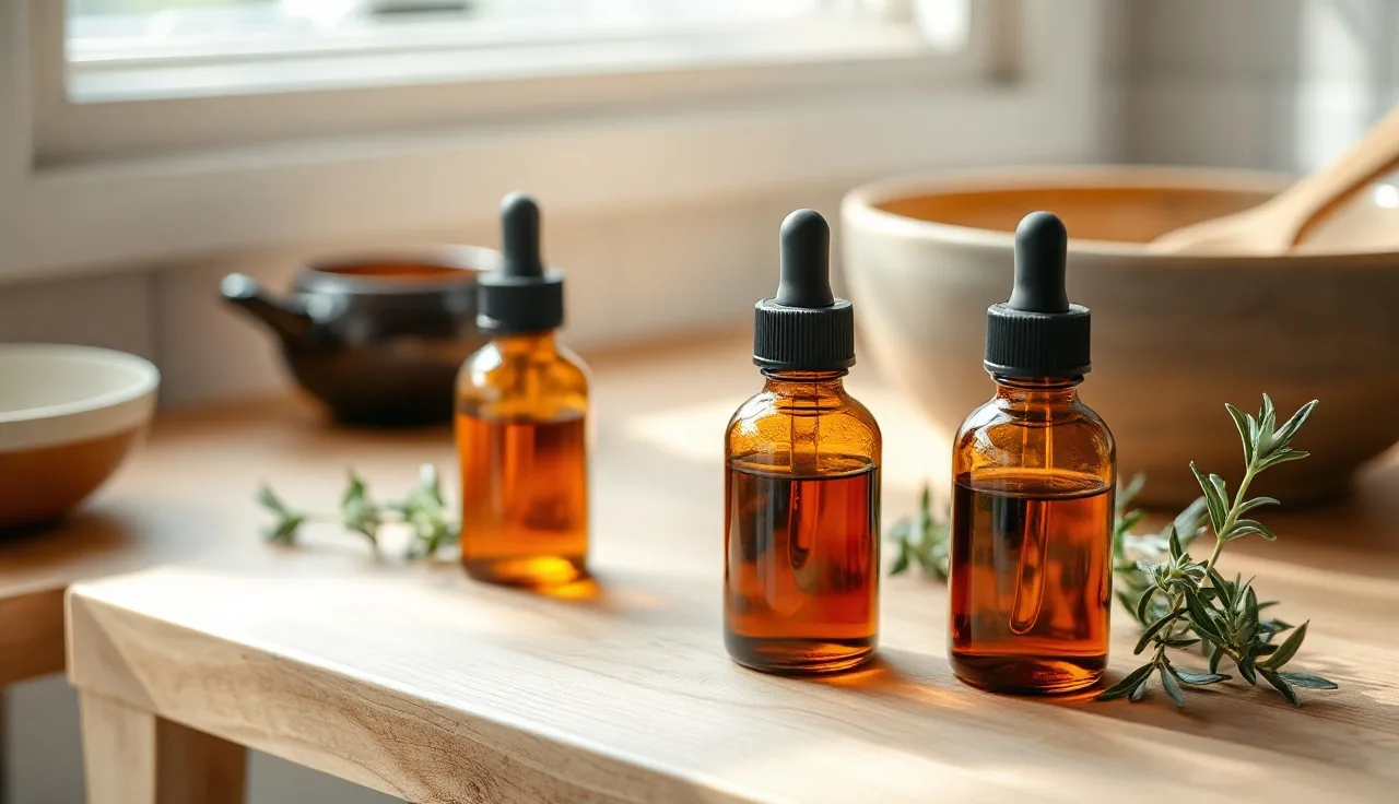 Natural oil dropper bottles and rosemary used for alopecia alternative treatment on wood surface