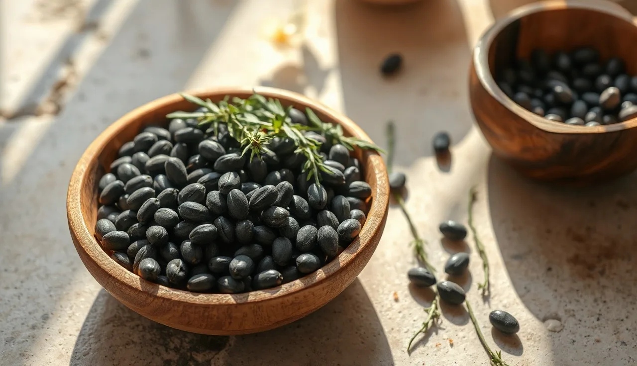 Dried herbs and supplement capsules on a stone surface representing natural hair loss treatments