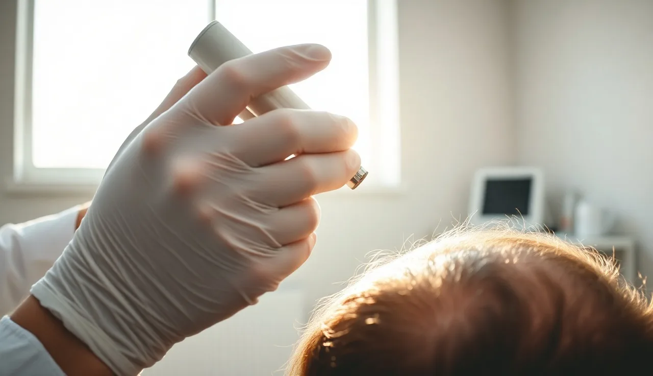 Dermatologist examining a patient's scalp for alopecia areata with a dermoscope