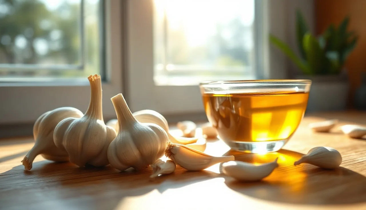 Fresh garlic cloves beside a small bowl of garlic oil for alopecia areata topical treatment