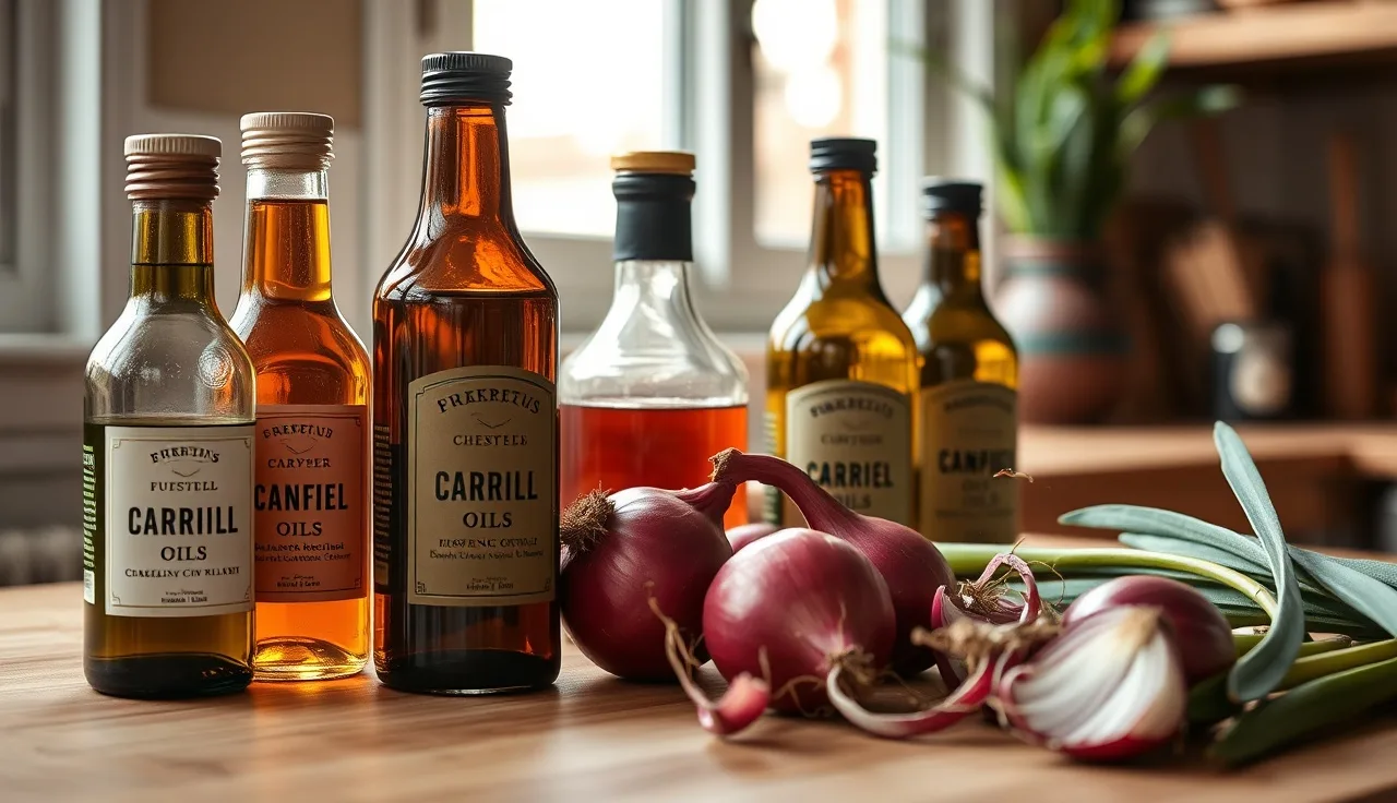 Glass bottles of plant oils and fresh onions on a wooden counter, natural alopecia areata remedies