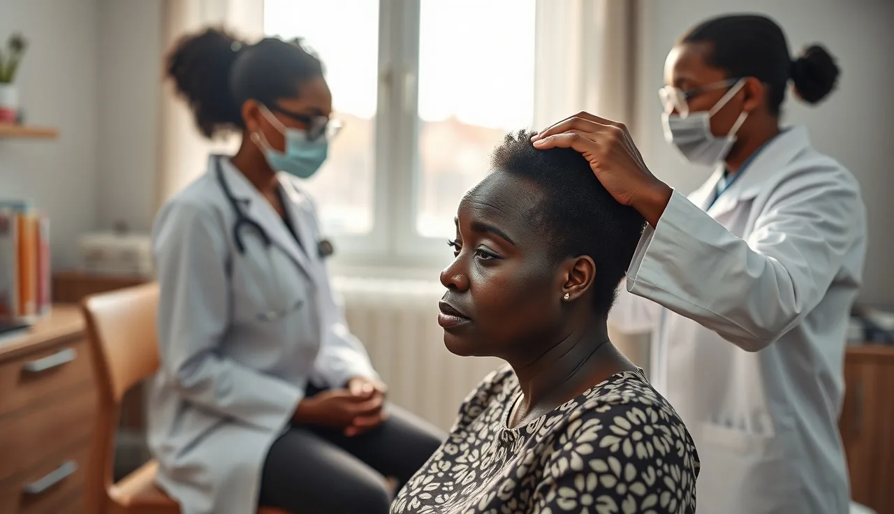 Dermatologist examining a woman's scalp for alopecia areata patches in a clinic