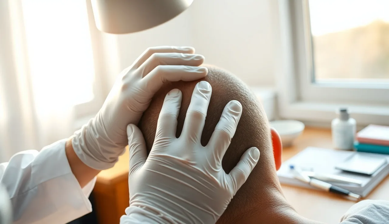 Dermatologist examining a patient's scalp for autoimmune alopecia areata