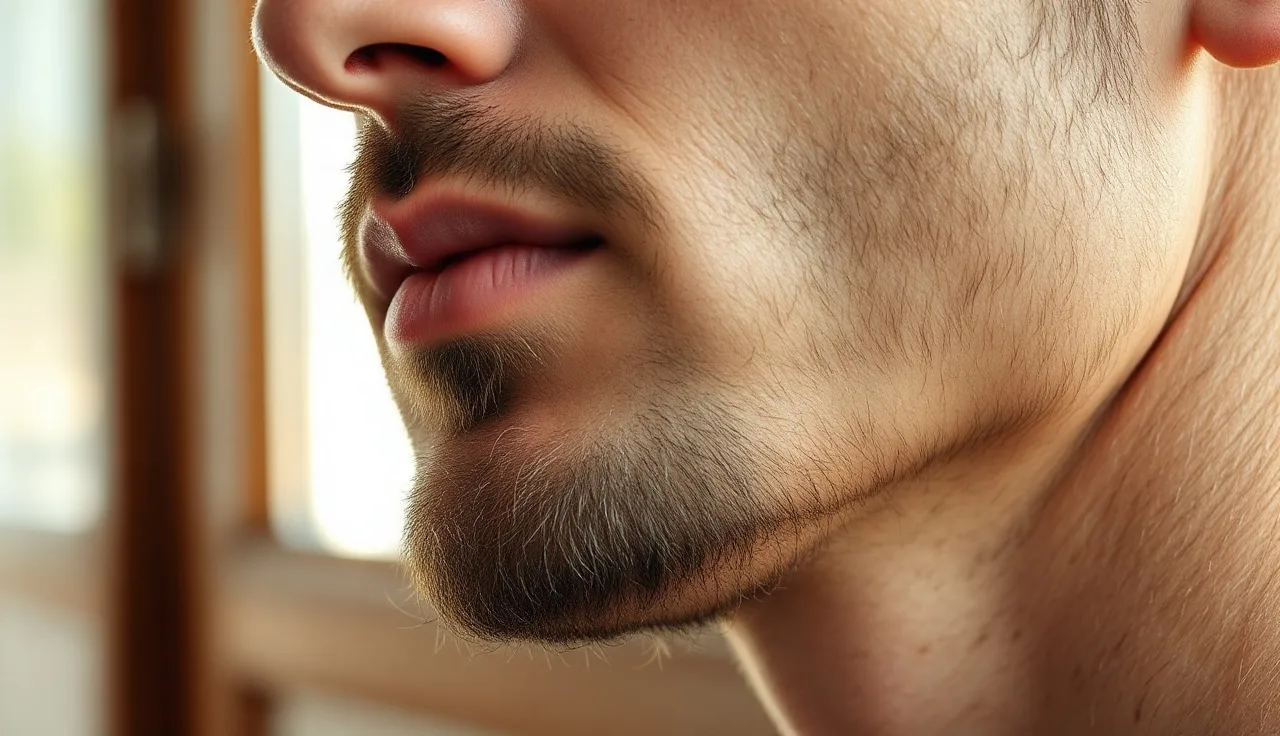 Man's beard with a small smooth bald patch visible on the jaw, alopecia barbae