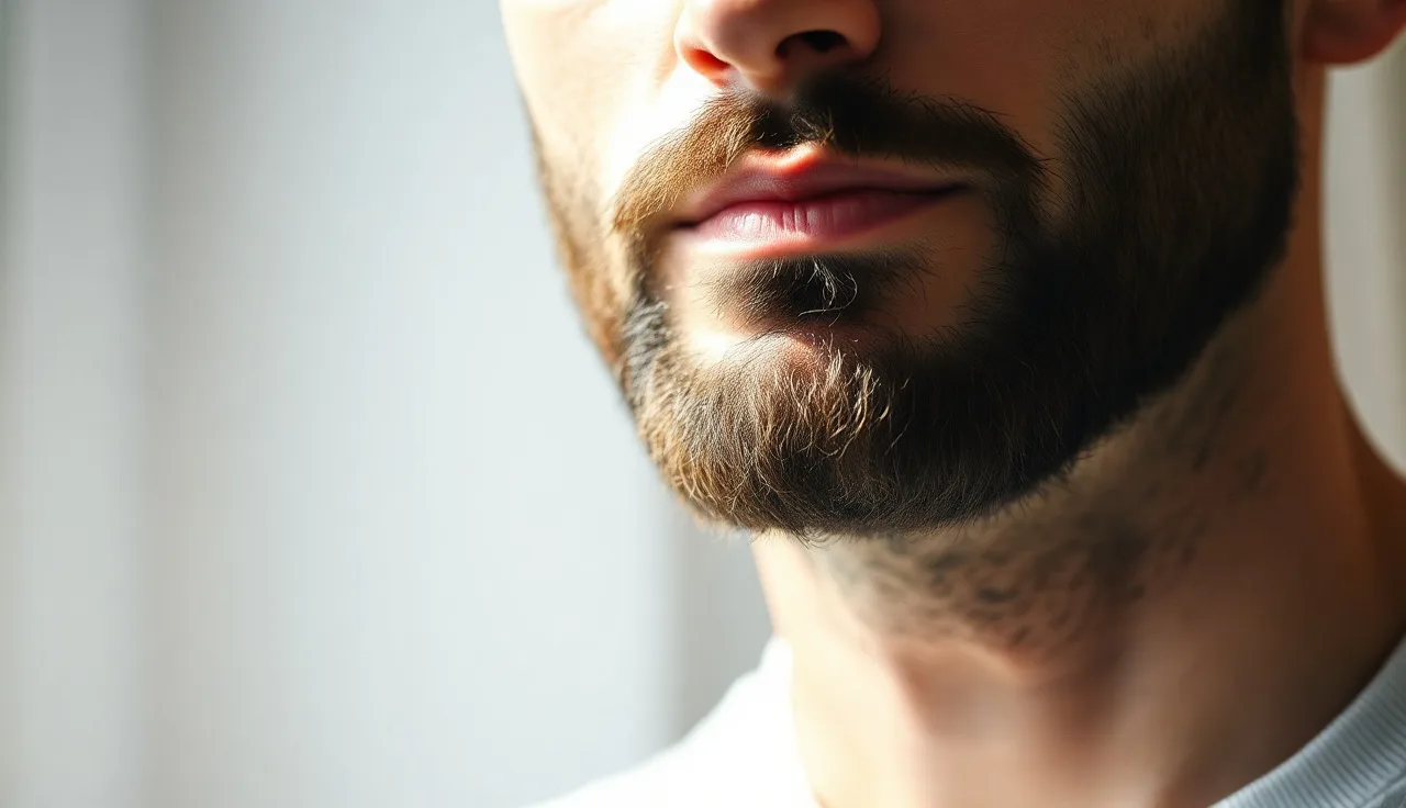Man with a smooth bald patch in dark beard from alopecia areata