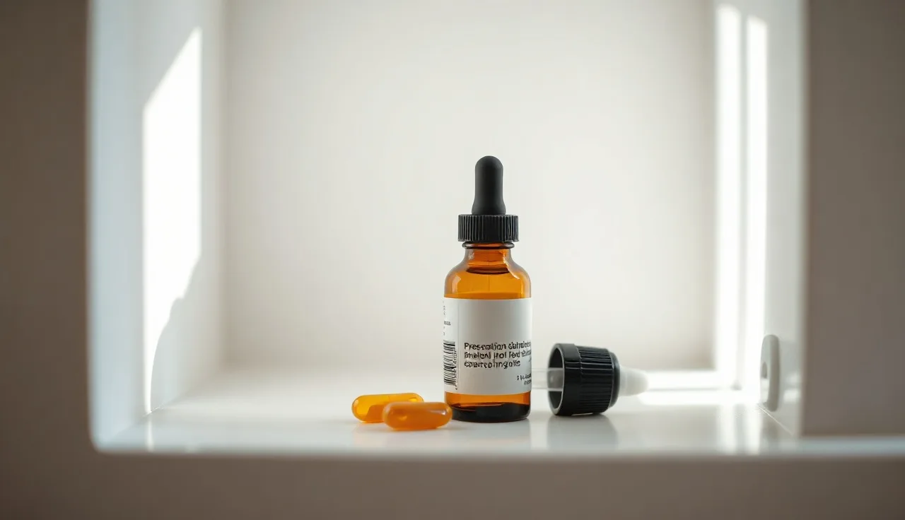 Amber prescription bottles and dropper on bathroom shelf for alopecia drug treatment