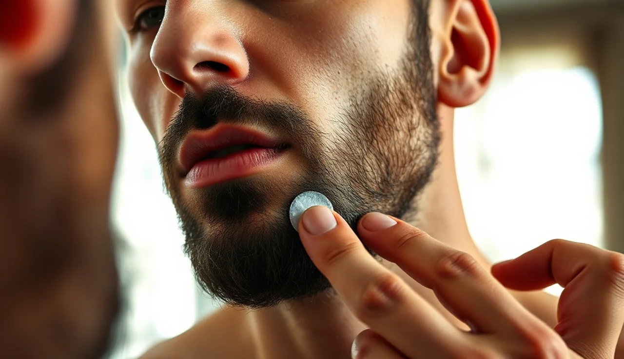 Man examining a smooth bald patch in his beard in morning bathroom light