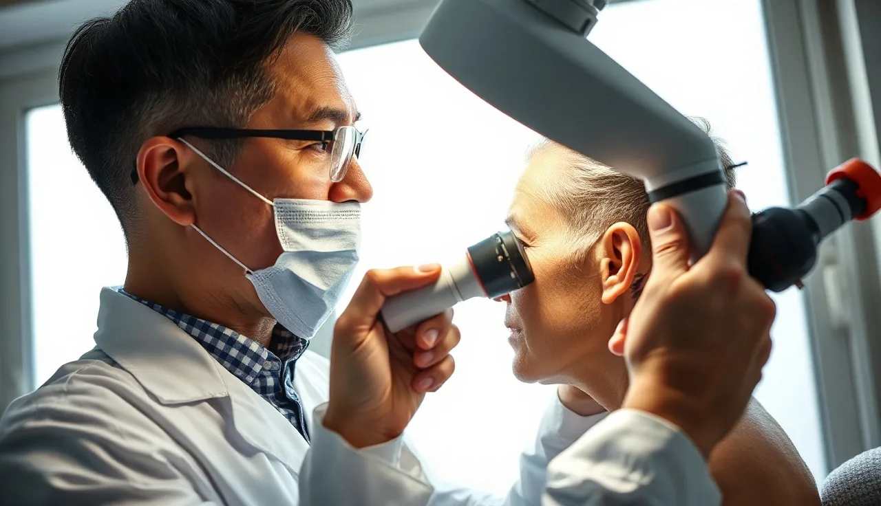 Dermatologist examining a patient's scalp for alopecia hair treatment options