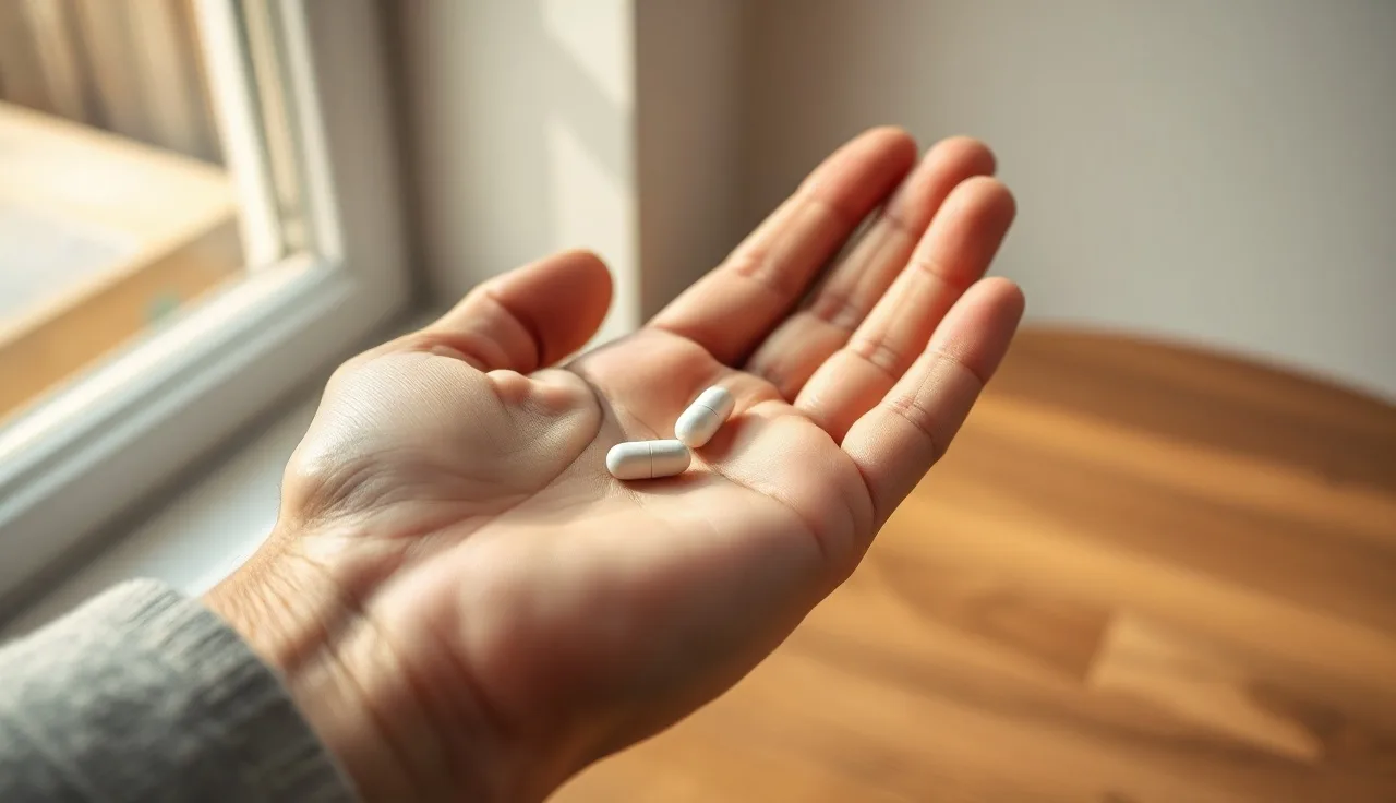 Man holding a small white oral hair loss treatment pill in his palm
