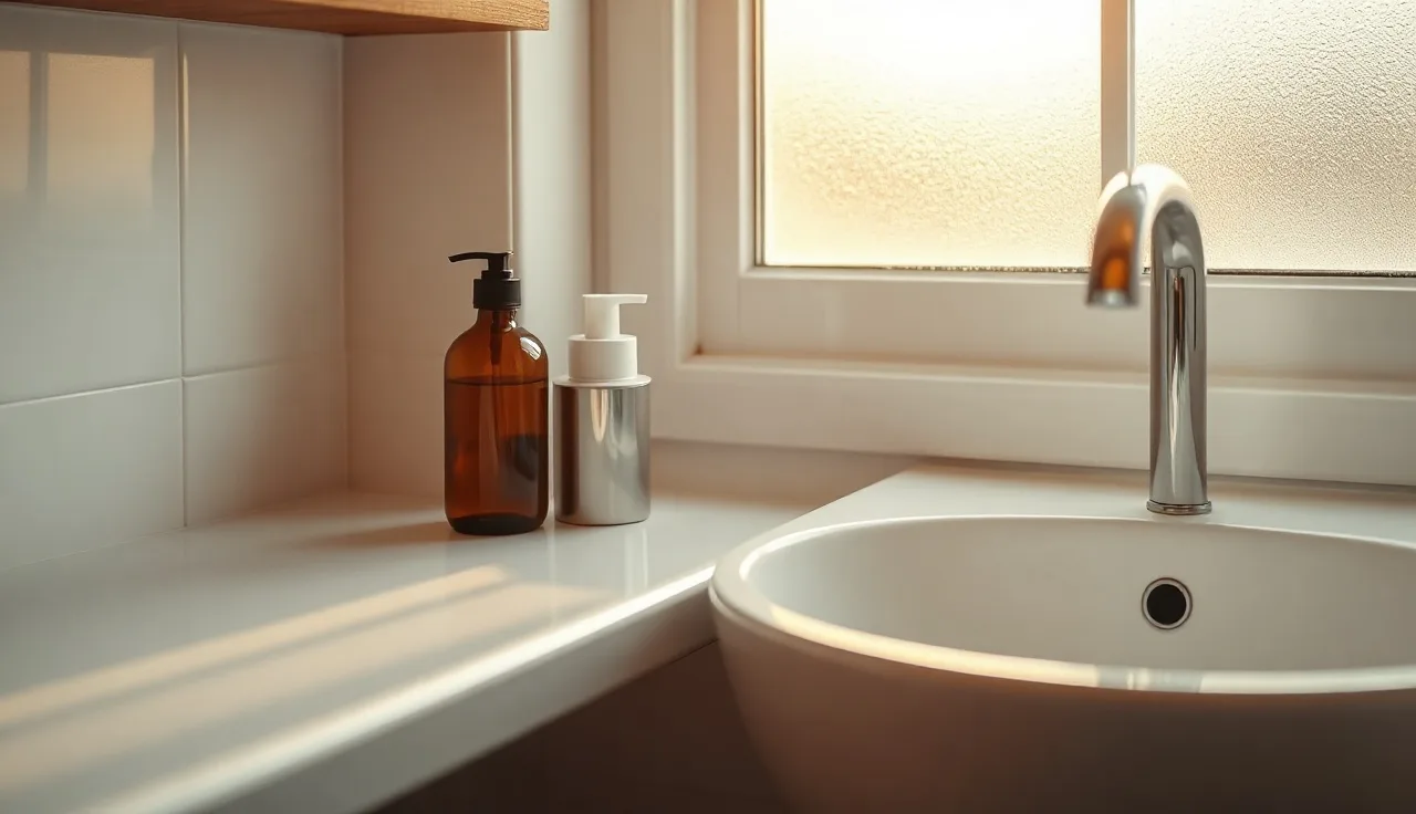 Unlabeled amber bottle and foam canister on bathroom shelf for alopecia OTC treatment