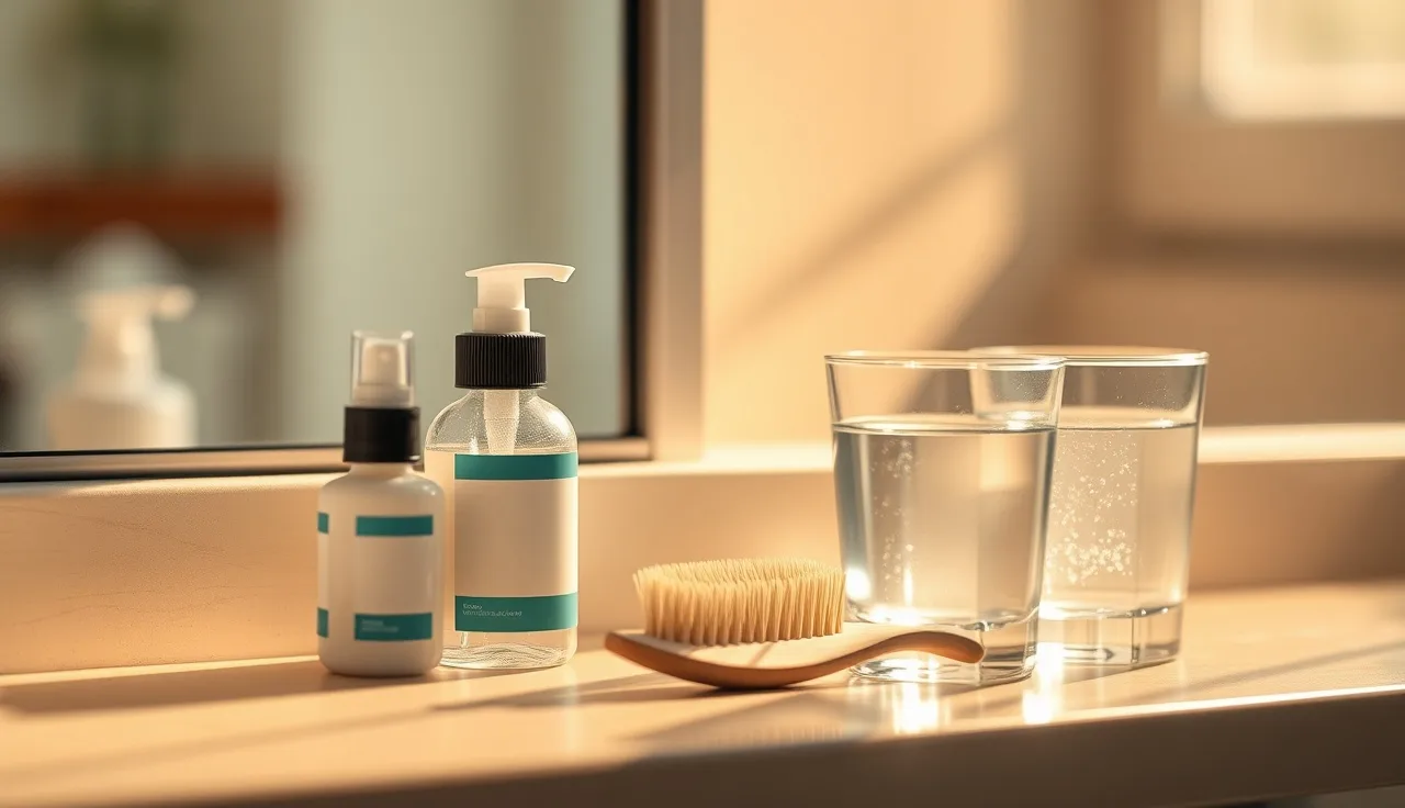 Bathroom shelf with hair loss treatment products in warm morning light