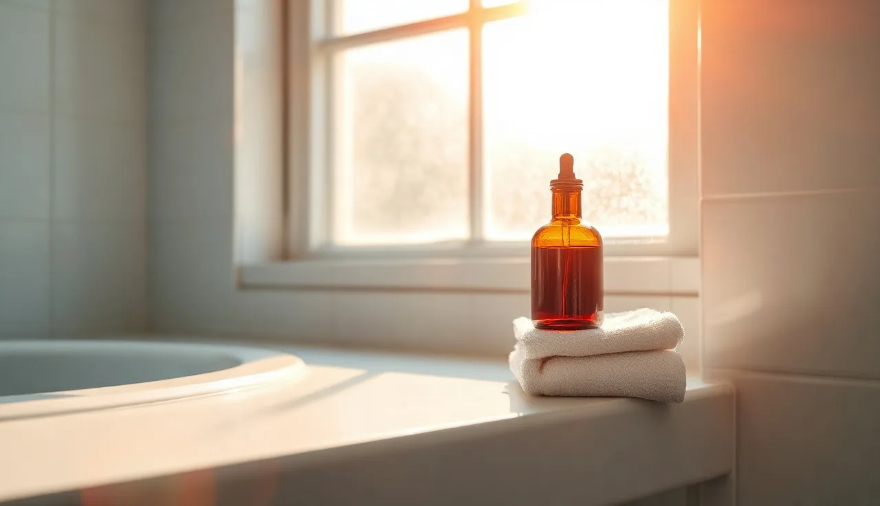 Morning bathroom shelf with glass bottle and towel, alopecia shampoo treatment setting
