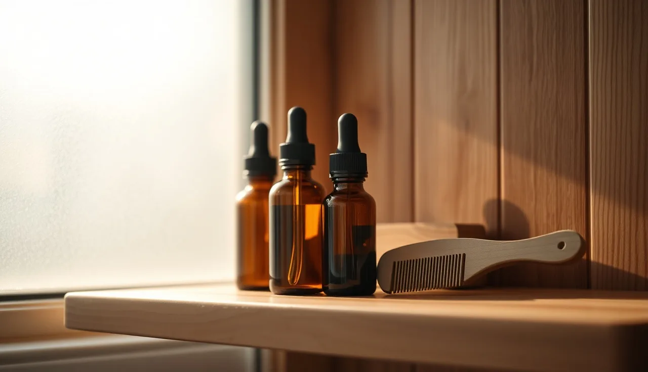 Dropper bottles and comb on bathroom shelf for at-home alopecia treatment