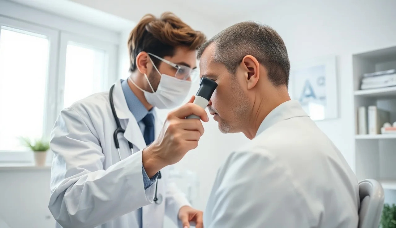 Dermatologist examining a patient's scalp with a dermoscope at an alopecia treatment center
