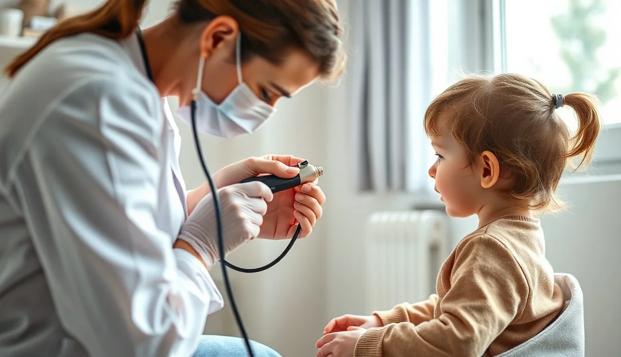 Doctor examining a child's scalp for alopecia in a pediatric clinic