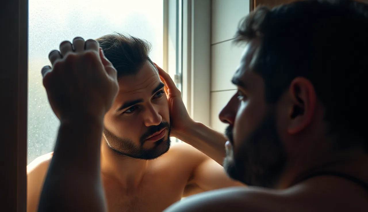 Man examining his hairline in a bathroom mirror under natural morning light