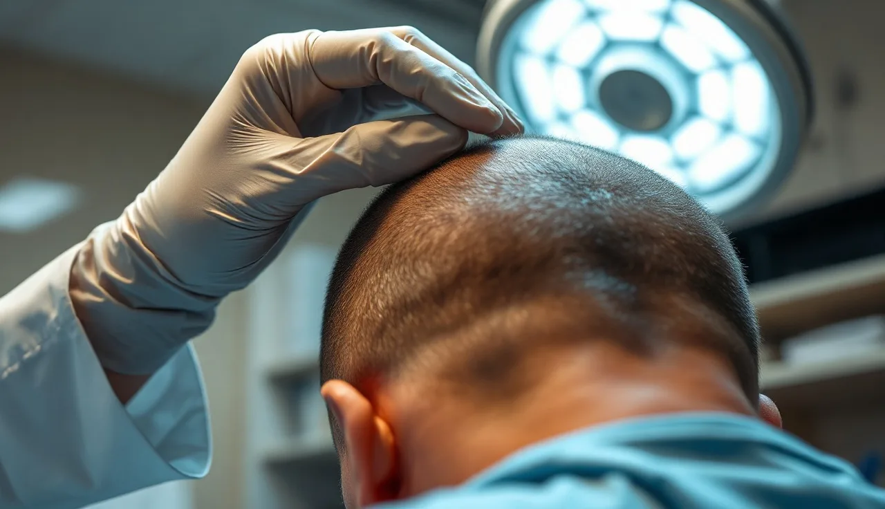 Dermatologist examining a patient's scalp for alopecia treatment in a clinic