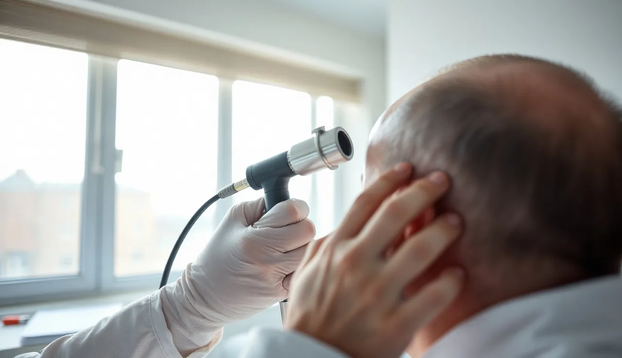 Dermatologist using a dermoscope to examine scalp for alopecia treatment