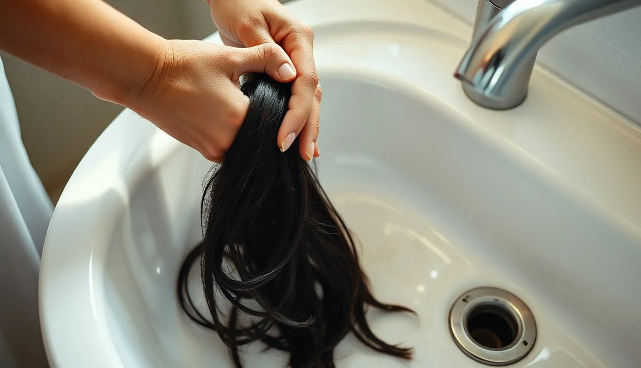 Woman examining hair loss and shed strands in bathroom sink