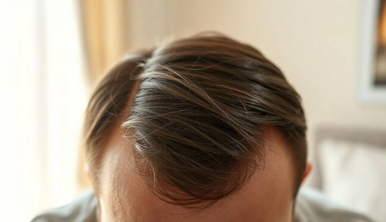 Close-up of a scalp part line showing diffuse hair thinning in natural light