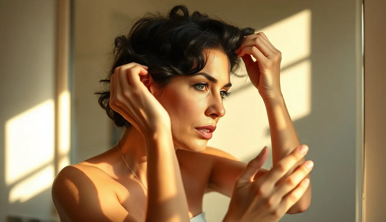 Woman examining scalp thinning in bathroom mirror under morning light