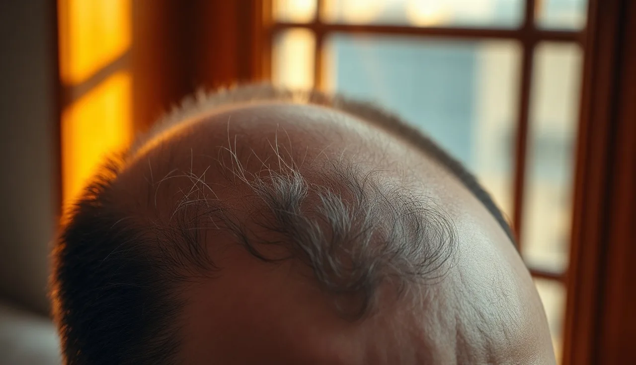 Man's scalp showing early thinning crown with fine and terminal hairs