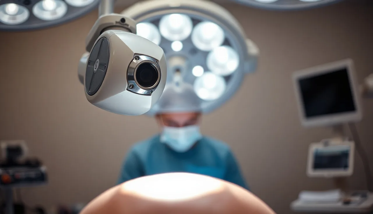 Robotic arm performing hair follicle extraction on a patient's scalp in a clinical setting