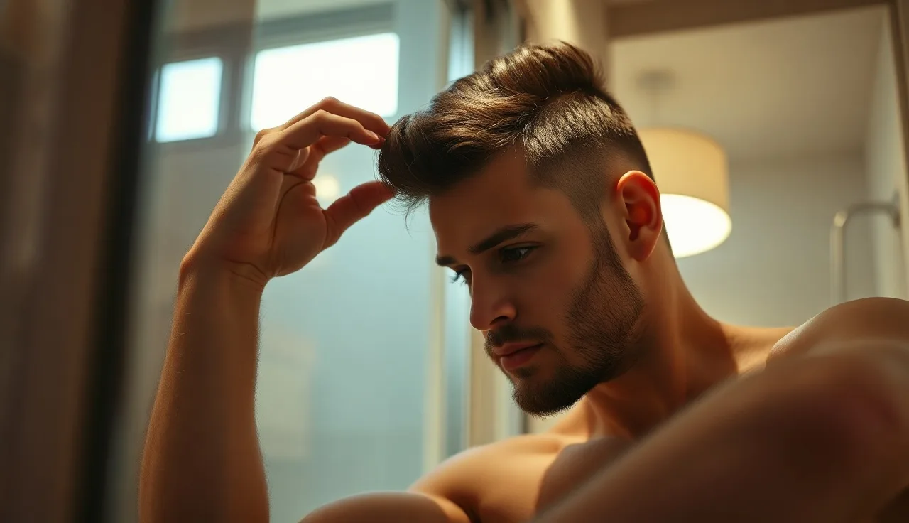Young man examining his receding hairline in a bathroom mirror