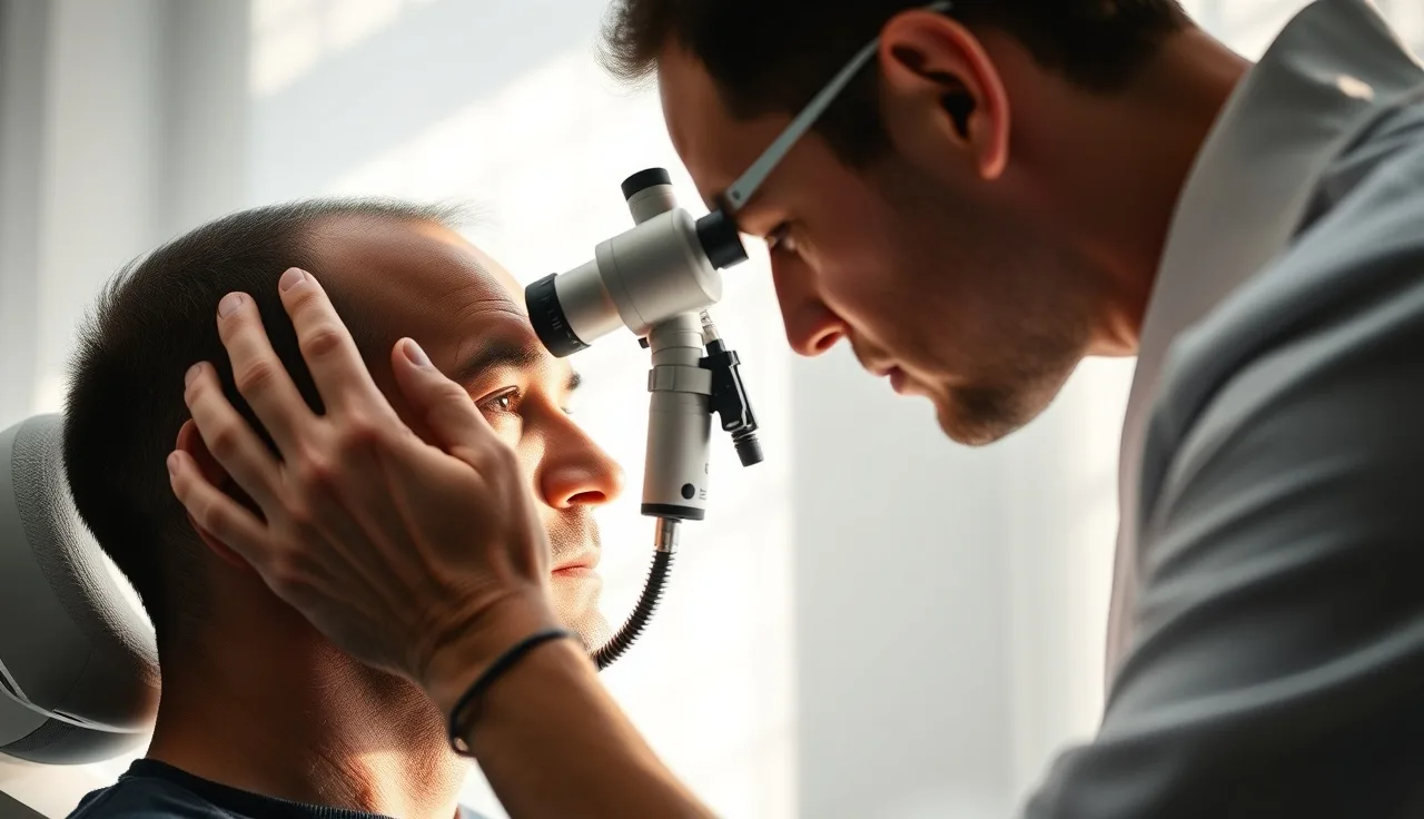 Dermatologist examining a man's scalp for hair transplant issues in a clinic