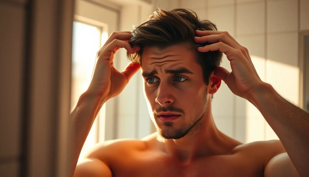 Young man examining his hairline in a bathroom mirror in morning light