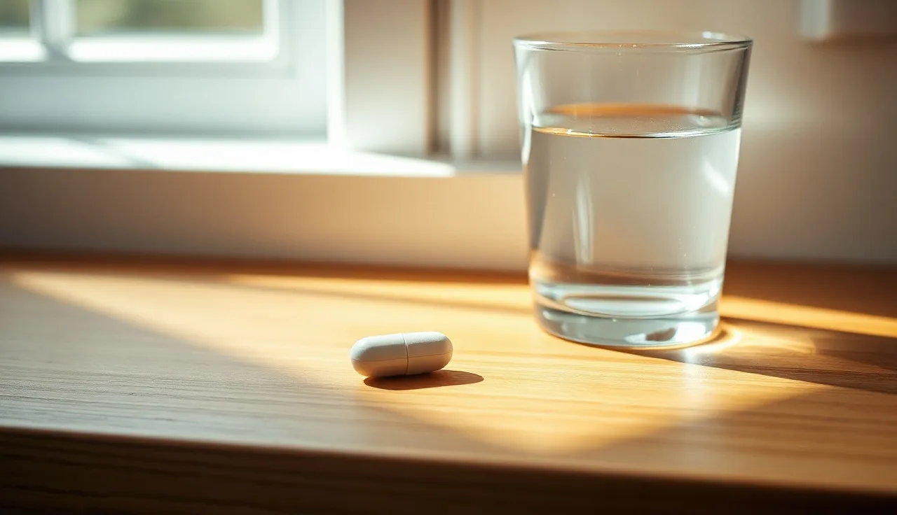 Single white finasteride pill on a wooden bathroom counter beside a glass of water