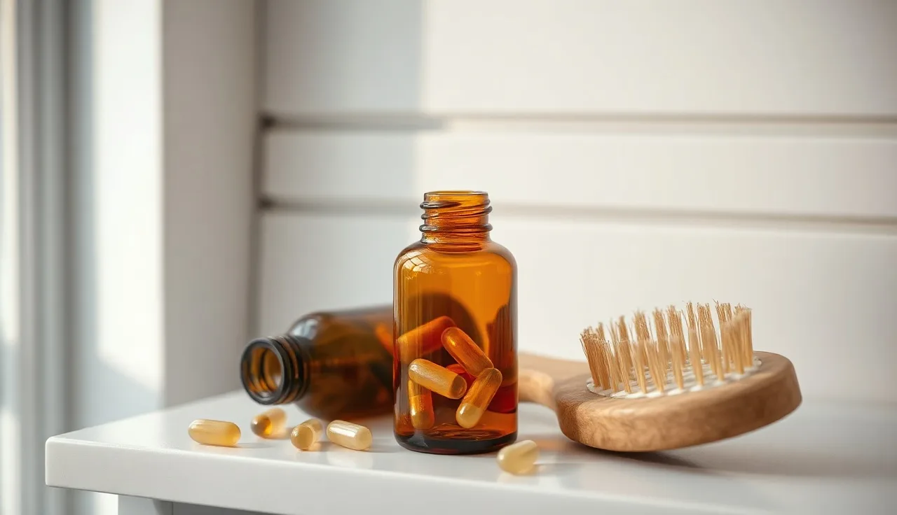 Supplement bottle and hairbrush with shed hairs on bathroom shelf