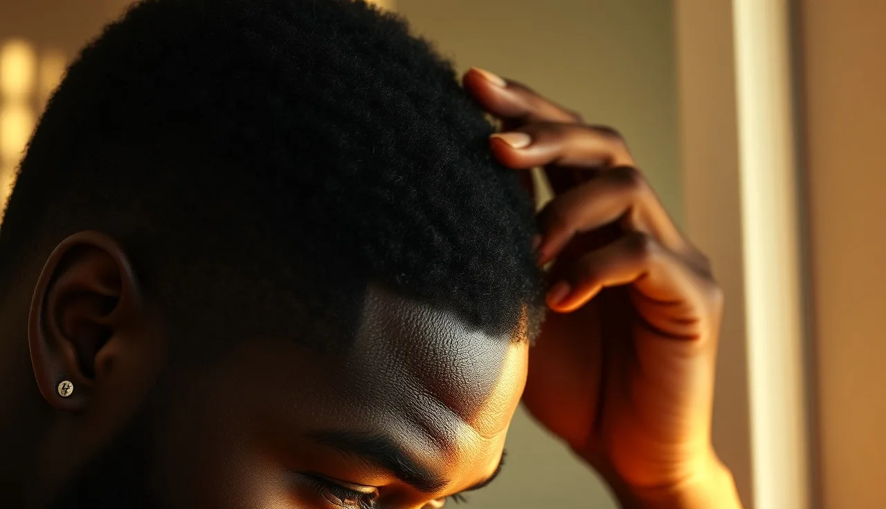 Black man looking closely at his receding hairline in a bathroom mirror