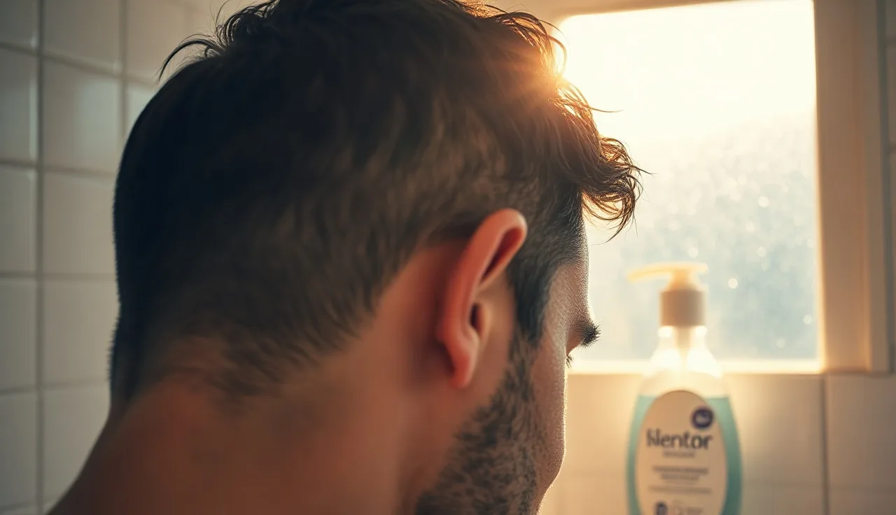 Man washing hair in shower with DHT-blocking shampoo on tiled shelf