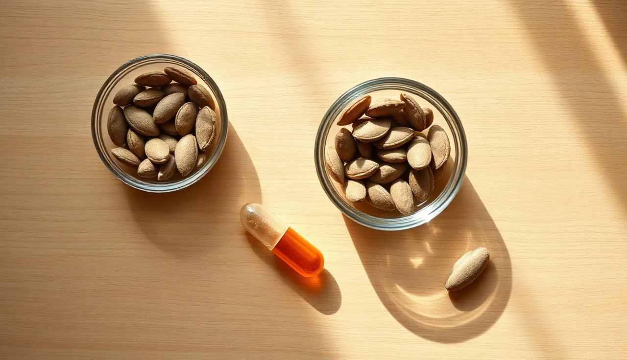Pumpkin seeds, a zinc tablet, and a supplement capsule on a kitchen counter representing DHT-blocking vitamins