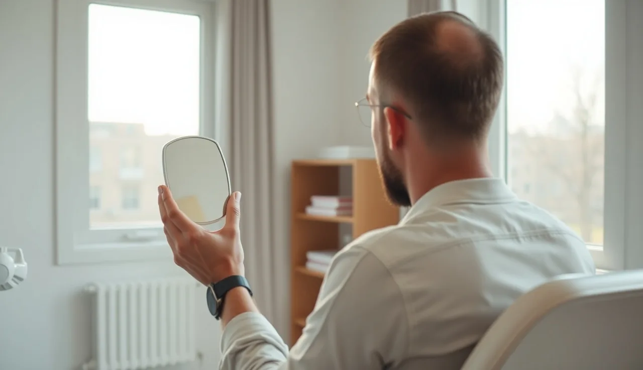 Man examining his hairline in a mirror during a hair restoration consultation