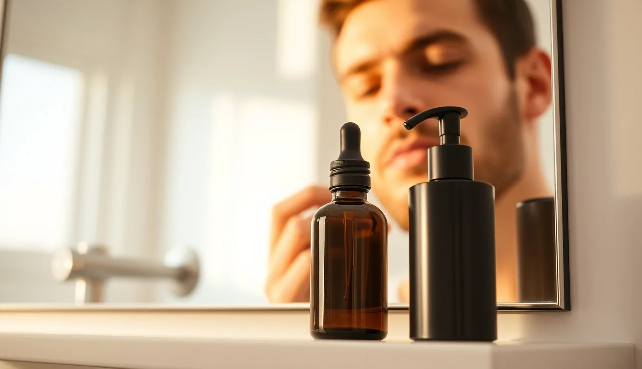 Topical minoxidil solution and foam products on a bathroom shelf